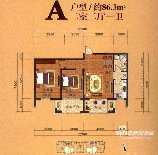 图为A户型,两室两厅一卫,约86.3平米 图为A户型,两室两厅一卫,约86.3平米
