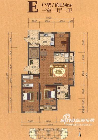 图为E户型,三室两厅两卫,约134平米 图为E户型,三室两厅两卫,约134平米