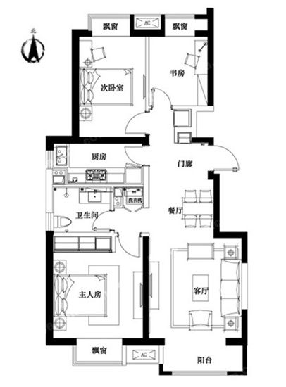 6969【推荐户型】万科紫台惬意居户型三室两厅一卫约99平米
