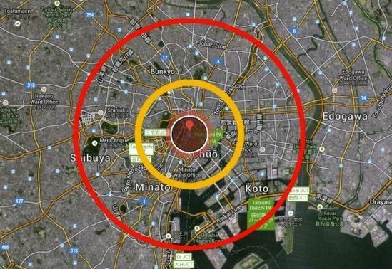 东京若遭原子弹袭击影响范围设想图