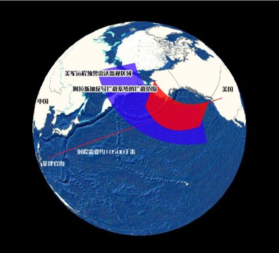 资料图:巨浪-2导弹从第一岛链外围发射西雅图方向想象图 资料图:巨浪-2导弹从第一岛链外围发射西雅图方向想象图