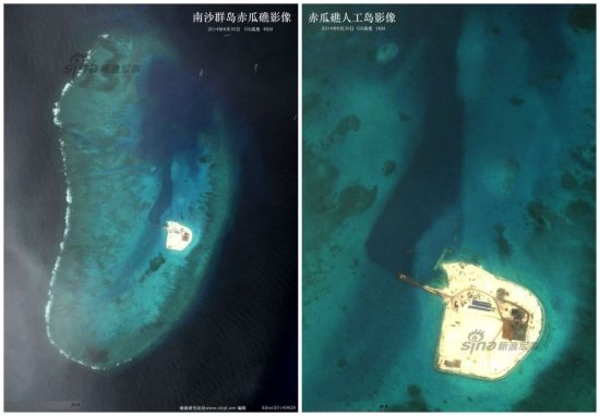 资料图:我国南海赤瓜礁填海造岛对比图 资料图:我国南海赤瓜礁填海造岛对比图