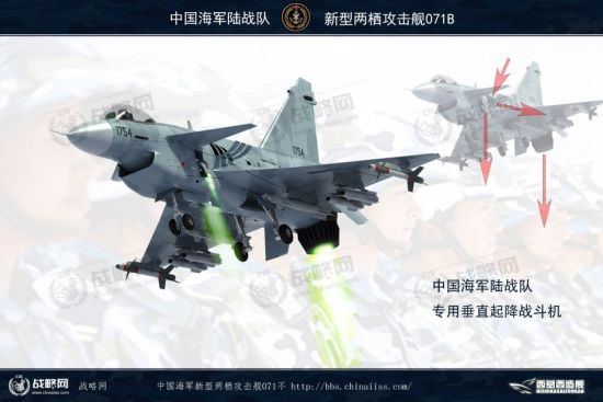 2013年11月18日,据央视新闻节目报道,著名军事专家尹卓海军少将首次透露了中国新型两栖作战舰艇的细节。根据这个消息,有网友绘制了中国新型两栖攻击舰及其舰载机的假想CG图,其中还出现了几款国产垂直起降战机方案。有类似鱼鹰的倾转旋翼机,还有歼10改战机。