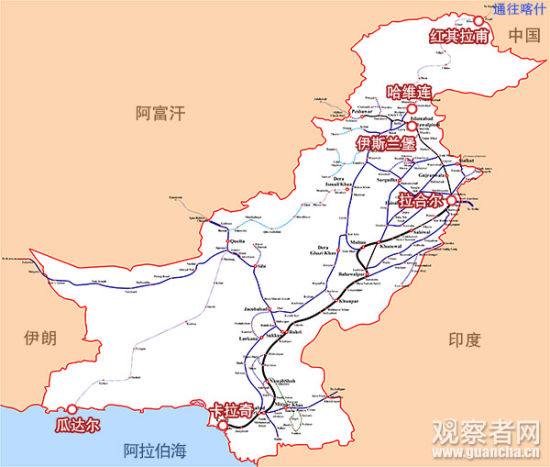 图中黑色线路为巴基斯坦“1号铁路干线”,中巴本次签署的协议计划将其延伸至中国喀什。图中可见,巴基斯坦现有的铁路线主要集中于东部,瓜达尔港至北部内陆的线路(紫色和浅蓝色)仅为规划。