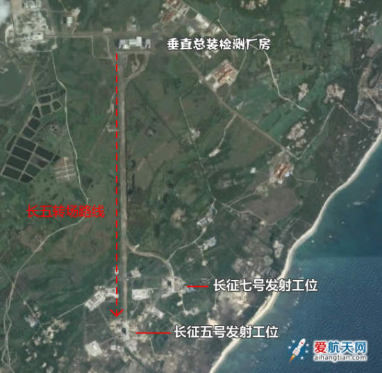 图:长征五号合练箭转场路线示意图
