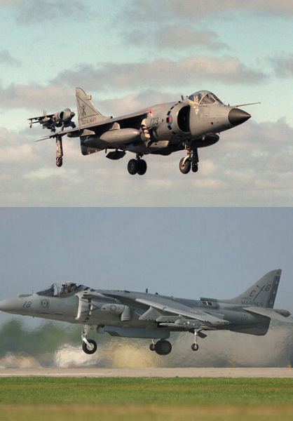 “鹞”式(上)及其姐妹版战机AV-8B(下) “鹞”式(上)及其姐妹版战机AV-8B(下)