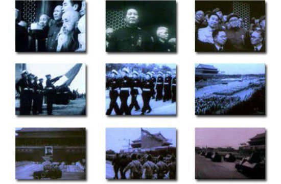 1949年开国大典阅兵,受阅部队以海军两大排为前导;接着是步兵师、炮兵师、战车师、骑兵师,共一万六千四百人,由东向西行进。空军十七架飞机从天安门上空飞行受阅,其中有四架是携弹飞行。 1949年开国大典阅兵,受阅部队以海军两大排为前导;接着是步兵师、炮兵师、战车师、骑兵师,共一万六千四百人,由东向西行进。空军十七架飞机从天安门上空飞行受阅,其中有四架是携弹飞行。