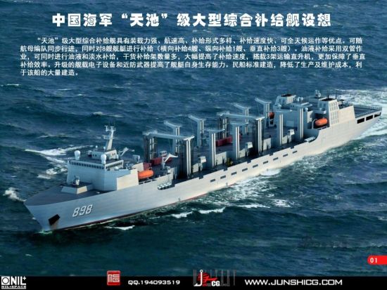 近年来中国海军装备发展迅速,航母辽宁舰、052D驱逐舰等多款大型水面战舰相继服役,中国海军也在一步步走向“蓝水”,这都对我国海上补给力量提出了新的要求。相比美国海军,中国海军在大型远洋补给舰的发展上相对滞后,近日,就有高手网友通过电脑技术设计出了中国未来的大型补给舰CG方案。这款被命名为“天池”级的补给舰,满载排水量达到了5.5万吨。(鸣谢:西葛西) 近年来中国海军装备发展迅速,航母辽宁舰、052D驱逐舰等多款大型水面战舰相继服役,中国海军也在一步步走向“蓝水”,这都对我国海上补给力量提出了新的要求。相比美国海军,中国海军在大型远洋补给舰的发展上相对滞后,近日,就有高手网友通过电脑技术设计出了中国未来的大型补给舰CG方案。这款被命名为“天池”级的补给舰,满载排水量达到了5.5万吨。(鸣谢:西葛西)