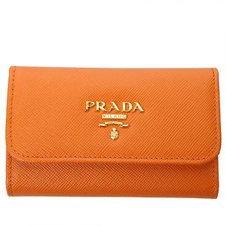 PRADA普拉达 橙色全皮金属LOGO钥匙包_普