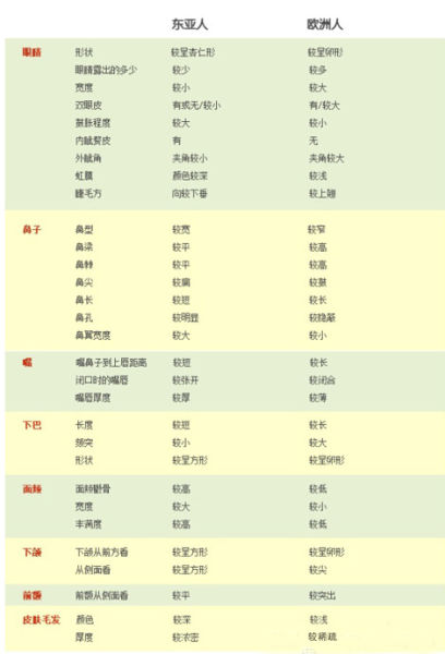 东亚和欧洲人人种差异列表 东亚和欧洲人人种差异列表