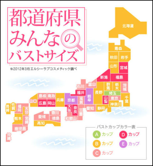 日本女星胸围地理分布图 日本女星胸围地图
