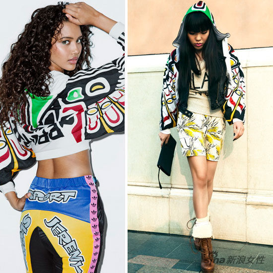 吴莫愁身穿adidas Originals x Jeremy Scott系列女款运动服