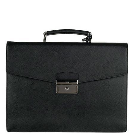 PRADA普拉达黑色Saffiano纹理皮公文包_普拉