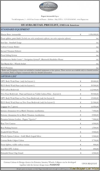 帕加尼Huayra价目表曝光 起价105万欧元