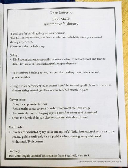 Model S用户刊登整版广告向特斯拉提建议