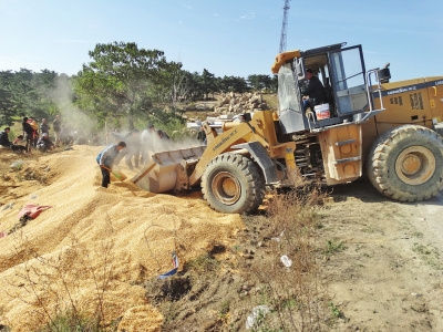 村民赶来帮助清理散落的玉米