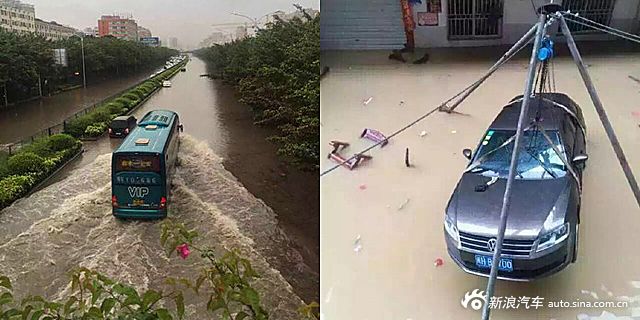 广州暴雨多地出现水浸车.汽车变快艇