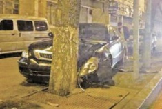 新手司机油门当刹车连撞2棵树才停下来