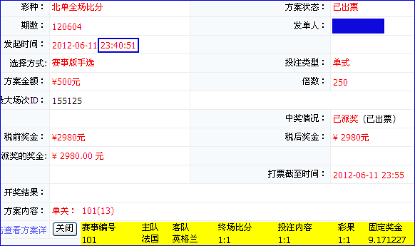 网友250倍投1-1比分盘，赔率神人
