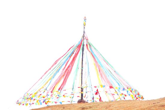 村口山头飘扬的经幡。 村口山头飘扬的经幡。