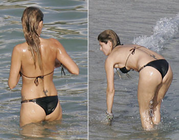 古蒂携娇妻海边享受鸳鸯浴碧滑肌肤湿漉性感纹身(图)