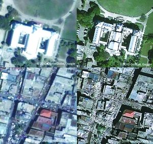 谷歌公布的海地地震前后圖片(左為地震前,右為地震后) 谷歌公布的海地地震前后圖片(左為地震前,右為地震后)