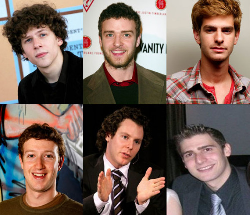 Facebook的三位创始人马克·扎克伯格（下图左）、肖恩·帕克（下图中）、爱德华多·萨维林（下图右）将分别由杰西·艾森伯格（上图左）、贾斯汀· 汀布莱克（上图中）、安德鲁·加菲尔德（上图右）饰演（资料图）