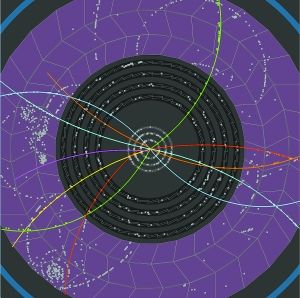 质子对撞所产生的粒子径迹