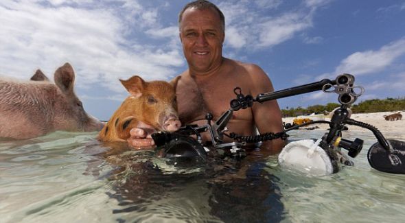 摄影师吉姆·阿贝内西与他的猪朋友合影留念