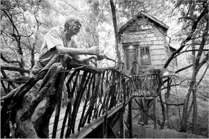 树屋楼梯两侧的栏杆是菲利普斯从森林里捡来的枯枝。 