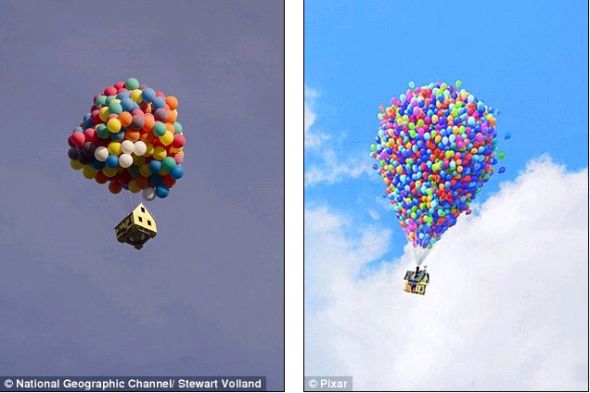 　　梦想照进现实：左边是现实版，由国家地理制作的小飞屋；右边是迪士尼动画片中卡尔老先生乘坐的小飞屋