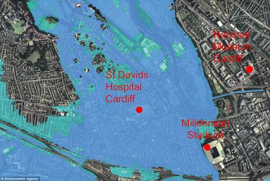 　　环境保护局公布的图片，如果不对可能发生的洪水采取防范措施，加的夫将在爆发洪水时变成一片汪洋。