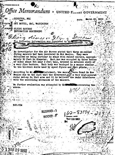 　　外星生命的证据？这是1950年代那份备忘录的复印件，其中记录下了当年罗斯维尔发现外星人和飞碟的事件经历，最近美国联邦调查局在其网站上对这些文件进行了解密
