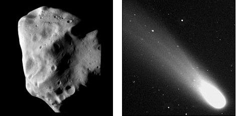 　　太阳系的建筑材料：左侧是欧洲罗塞他探测器拍摄的鲁特西亚小行星，右侧是池谷-张彗星，这颗彗星于2002年由我国河南天文爱好者张大庆和日本彗星猎杀池谷熏共同发现