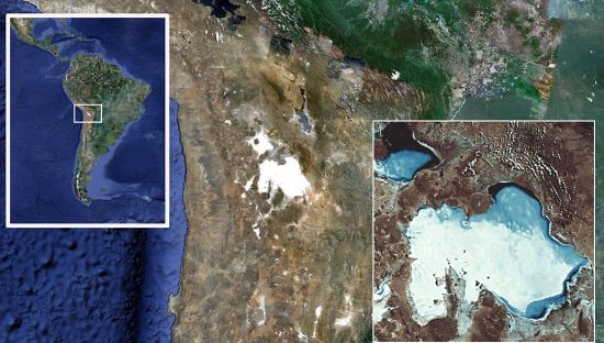 具体位置：美国宇航局卫星图片显示出乌尤尼盐沼的具体方位。