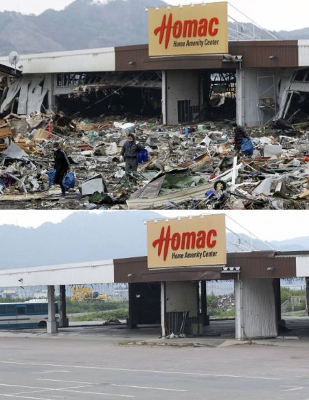 46英尺高的海啸将这艘巨型油轮冲上内陆。灾后5个月，这艘油轮仍无奈地停在那里，船身用木柱支撑