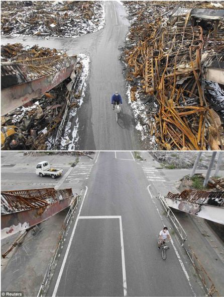 两名骑车人，两个不同的时间。灾后5个月，气仙沼市街道上的垃圾大部分已经清理干净