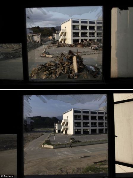　　陆前高田市，摄影师透过玻璃破碎的窗户看到的景象。第一幅照片拍摄于4月2日，清理工作刚刚开始不久。现在，建筑周围的碎片已经清理干净，只留下它们这些空壳