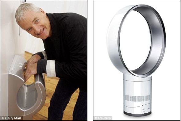 　　左图中，詹姆斯爵士测试自家公司的干手机Dyson Airblade。右图展现了戴森公司的无叶风扇Dyson Air Multiplier