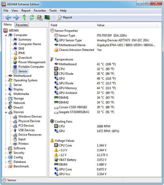 AIDA64的主界面-传感器信息