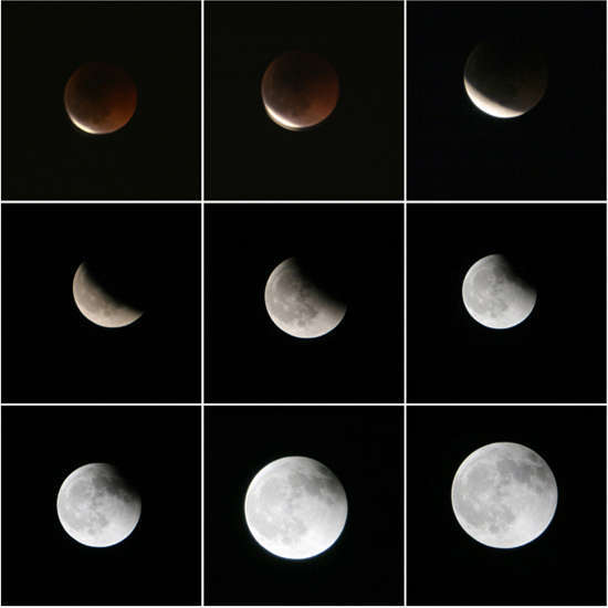 　　月食分为半影月食、月偏食和月全食三种。月全食是地球运行到太阳与月球之间，当三者在一条直线时，地球影子将月球遮住的天文现象。