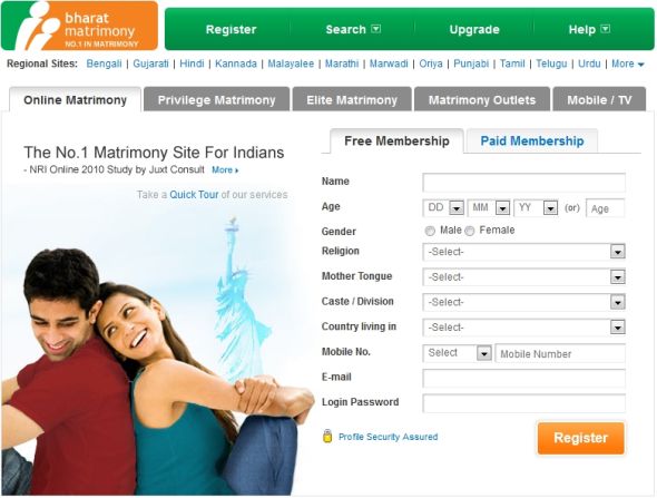 Bharat　Matrimo-ny印度婚恋网网站截图（新浪科技配图）