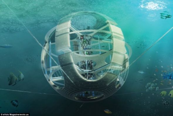 　　塑料鱼塔（aerostatic construction）是一个漂浮在大太平洋垃圾带的海面上的圆形建筑物，它将收集并把塑料加工成能源