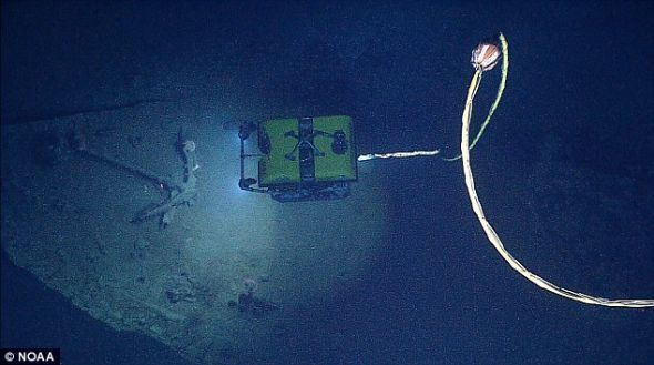 探索：美国国家海洋与大气管理局的遥控水下机器人“迷人大力神”在船锚上方搜索。