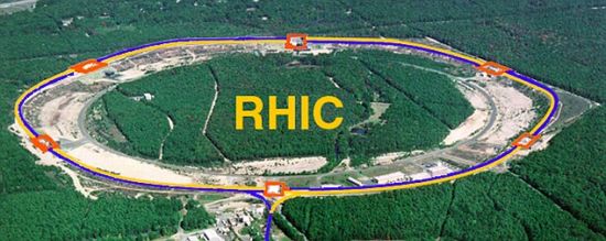 　　这是美国纽约市长岛布鲁克海文国家实验室的鸟瞰图。物理学家在这里再造了像宇宙大爆炸一样的温度。圆圈上的6个长方形代表着制造这种温度的质子碰撞。