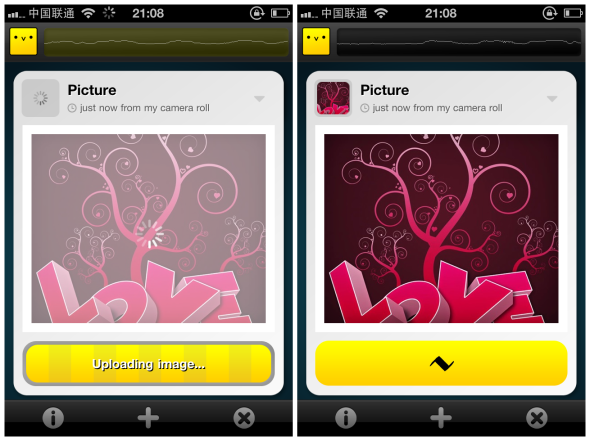 在图片上传完毕后，点击下方的黄色按钮，Chirp就会“唱歌”以分享照片