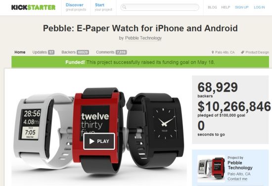 Pebble在KickStarter上融资1000万美元，是最成功的项目之一