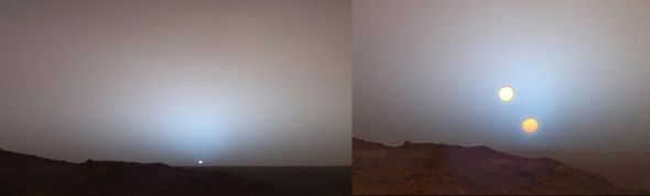 　　所谓的火星双日落照片，这是一张仅仅经过简单伪造的假图，但是却迷惑了无数网民，这里的左栏是2005年由好奇号火星车拍摄的原图，右栏则是伪造的假图