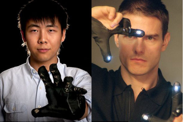 追赶科幻影片：左图显示刘家可展示键盘手套。这种设计理念类似于汤姆-克鲁斯在影片《少数派报告》中饰演角色所用的高科技手套。