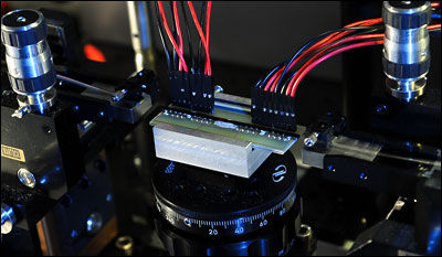 　　实验中用以检测波粒二象性的量子光子芯片。单光子通过光纤进入环路，在输出端被极其敏感的探测器检测到。